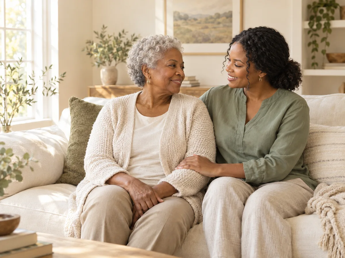 Illustrative scene of an older woman and a caregiver sharing a relaxed conversation at home
